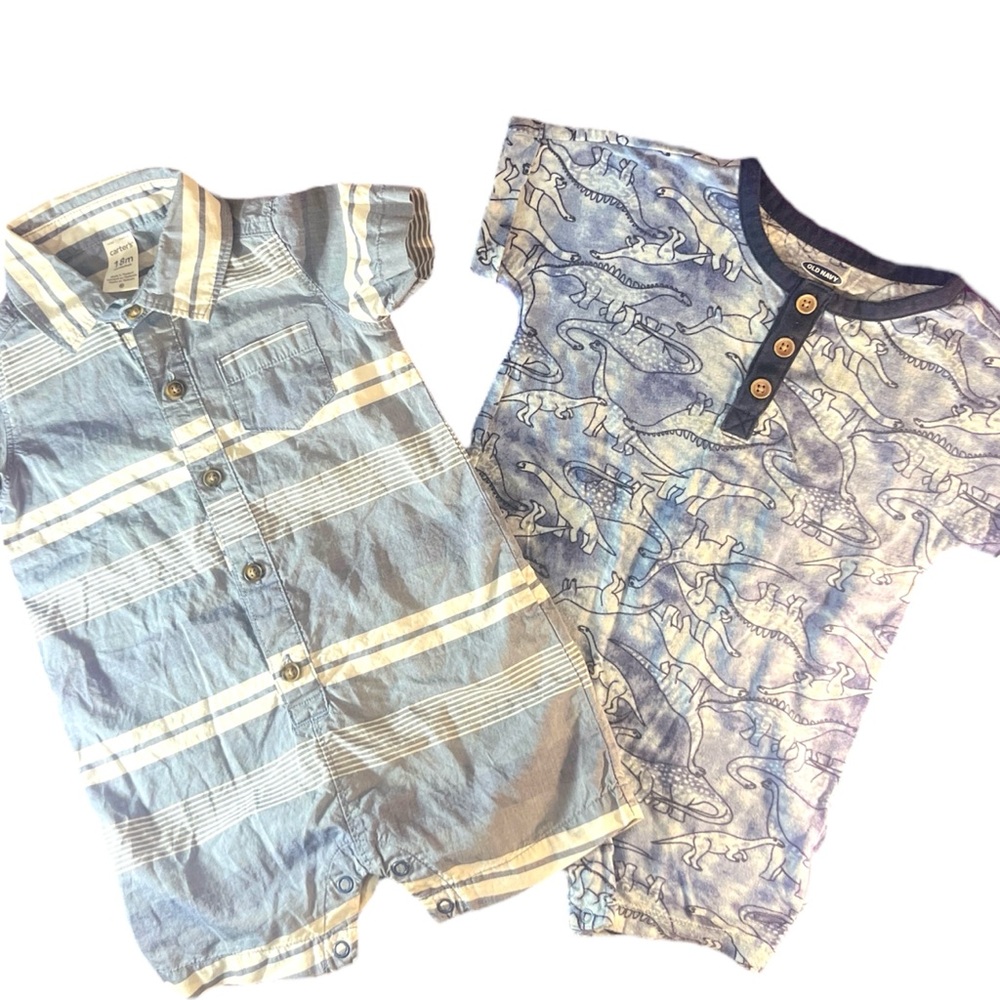 2 Pcs Old Navy/Carters Romper Combo Stripes and Dinosaurs embellishments